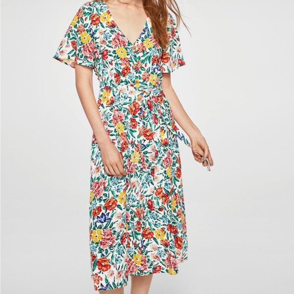 Mango Midi Floral V-Neck Dress